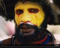 美国国家地理图片:巴布亚新几内亚，黄色的面部涂料和红色的眼泪是一种欢迎舞蹈仪式的标准化妆